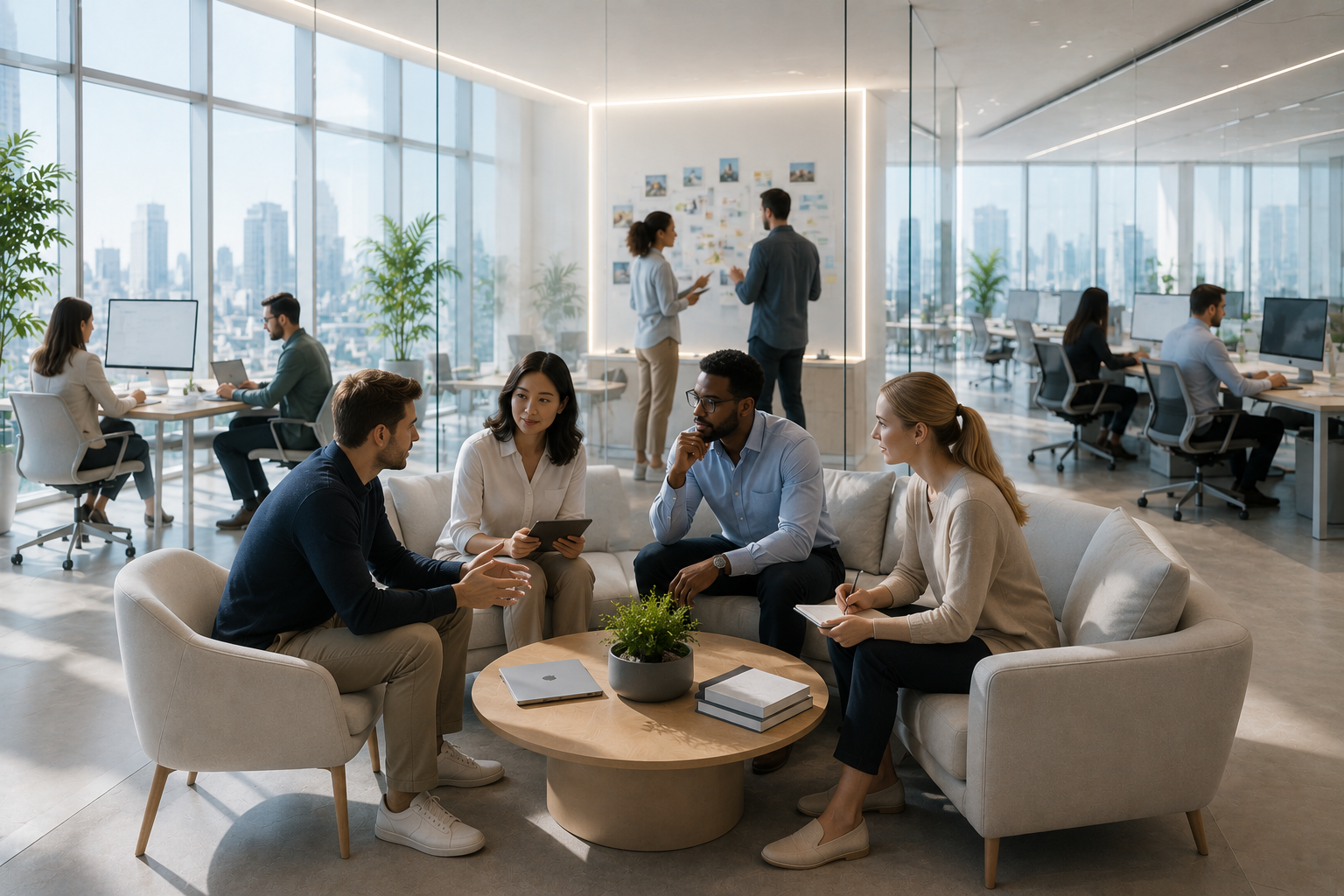 Startup founder discussing software solutions with a development team